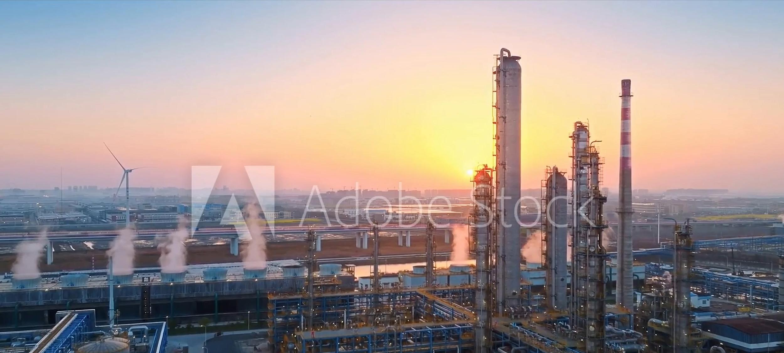 Oil refinery at sunrise, seen from above